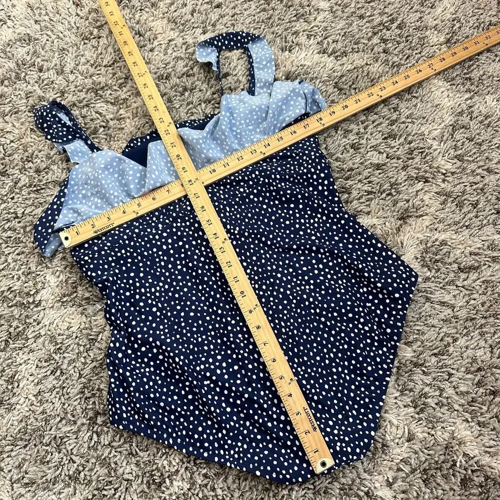 Kona Sol Navy Blue Polka Dot Ruffle Flounce One Piece Swimsuit XL Extra Large